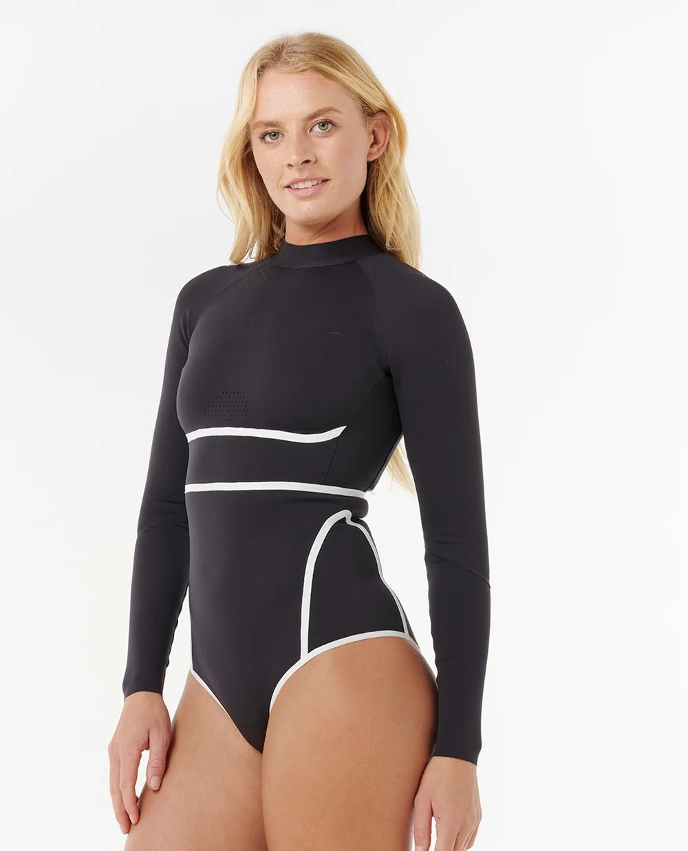 בגד ים שלם RIP CURL שחור עם עיצוב פאנלים לבנים בצד ושרוולים ארוכים