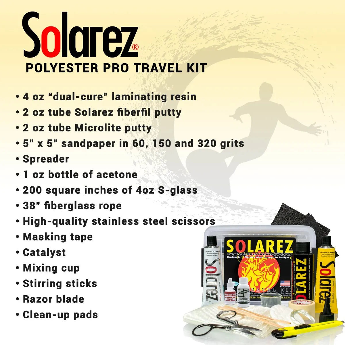 ערכת נסיעה מפוליאסטר Solarez עם רכיבים וכלי עבודה על משטח